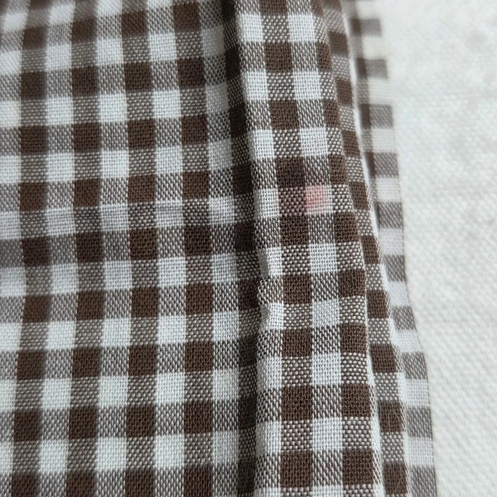 Vintage Brown Gingham Hand Embroidered Yellow Cross Stitch Tablecloth 32x31
